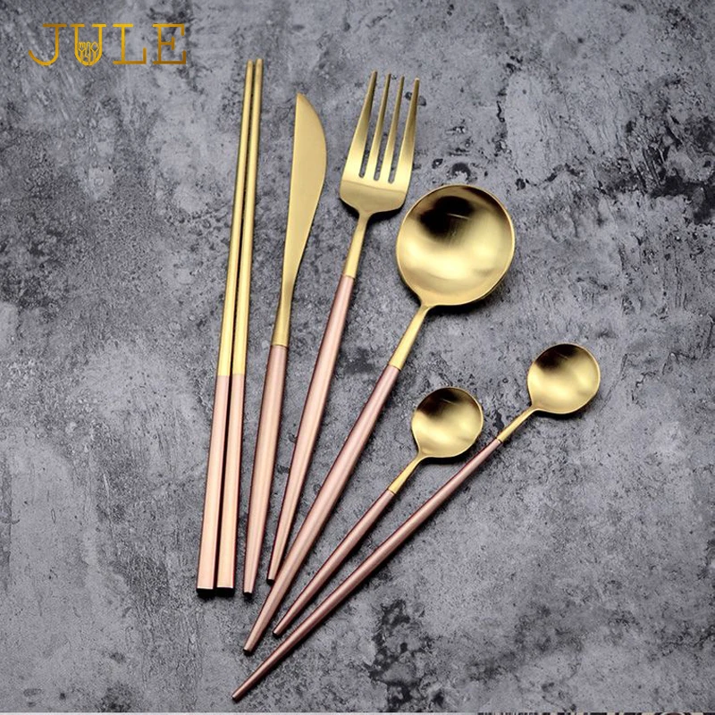 

Western Style Pink Golden Cutlery Eco-friendly 18/8 Stainless Steel Knives S poons Dinning Forks Teaspoons Dinner Dinnerware Set