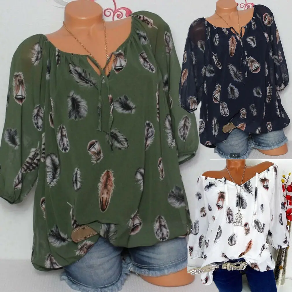 

Women Tunic Shirt 2019 Summer 3/4 Sleeve Floral Print V-neck Blouses And Tops With Button Big Size Women Clothing