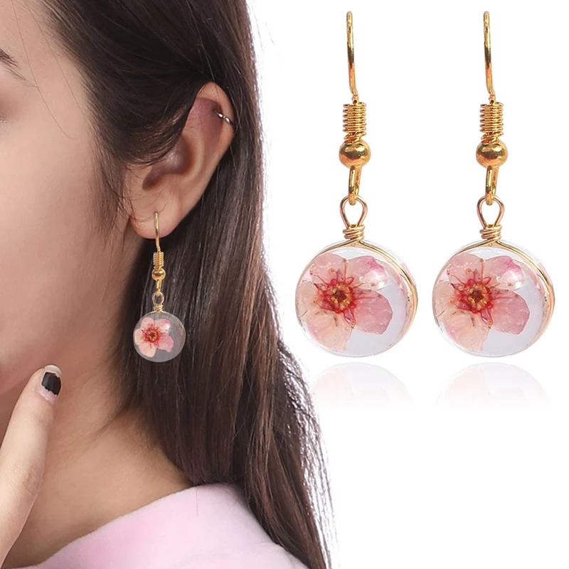 

SUKI DIY Handmade Dried Flowers Transparent Glass Crystal Ball Square Drill Earrings Real Plant Dangle Earrings For Women Gifts