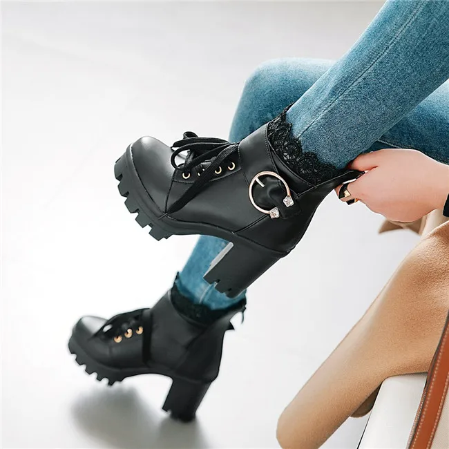 YMECHIC/женские туфли в готическом стиле на высоком квадратном каблуке с ремешком и пряжкой; цвет белый, черный; мотоциклетные ботинки в стиле панк