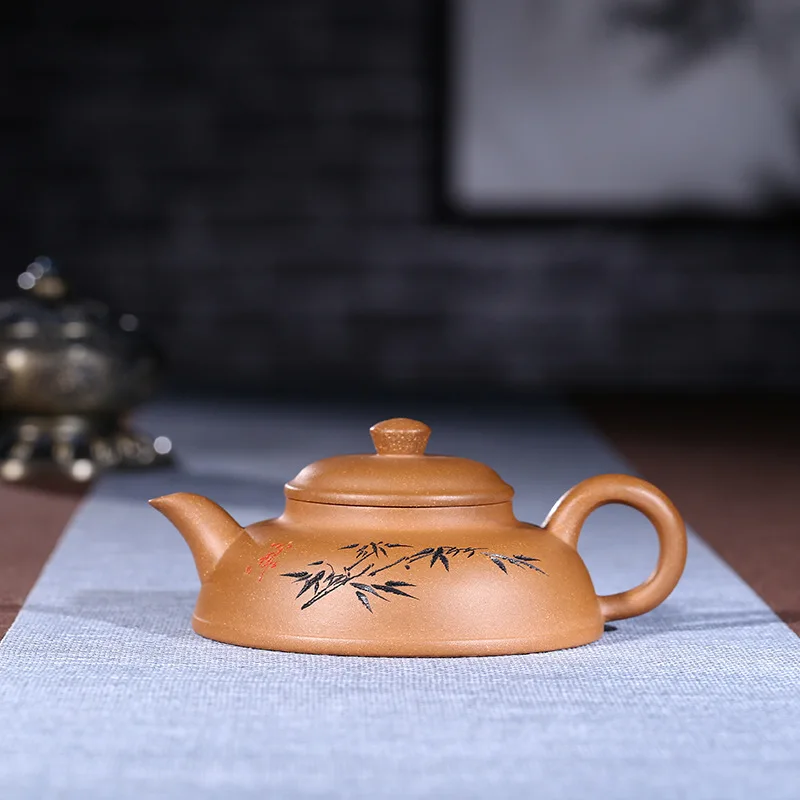 

Dark-red Enameled Pottery Teapot Famous Pure Full Manual Raw Ore Sloping Mud Flat Bamboo Pot Kungfu Online Teapot Tea Set Suit