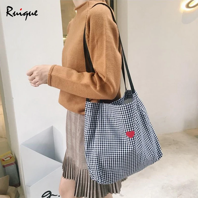 

Ruique Girls Cute Red Heart Deer Embroidery Canvas Tote Bag Women Black White Plaid Shoulder Bag Cotton Shopping Bag Beach B
