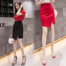 Новинка, модная Асимметричная юбка, мини-юбка, женская элегантная юбка с разрезом сбоку, высокая талия, эластичная формальная мини-юбка черного/красного цвета, OL Skir