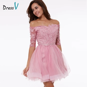 Dressv peach A-line homecoming dress off the shoulder appliques half sleeves above knee homecoming dress short graduation dress