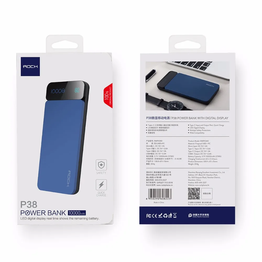 ROCK Power Bank 10000Mah External Battery Charger PoverBank LCD Powerbank Portable Mobile Phone Charger Universal