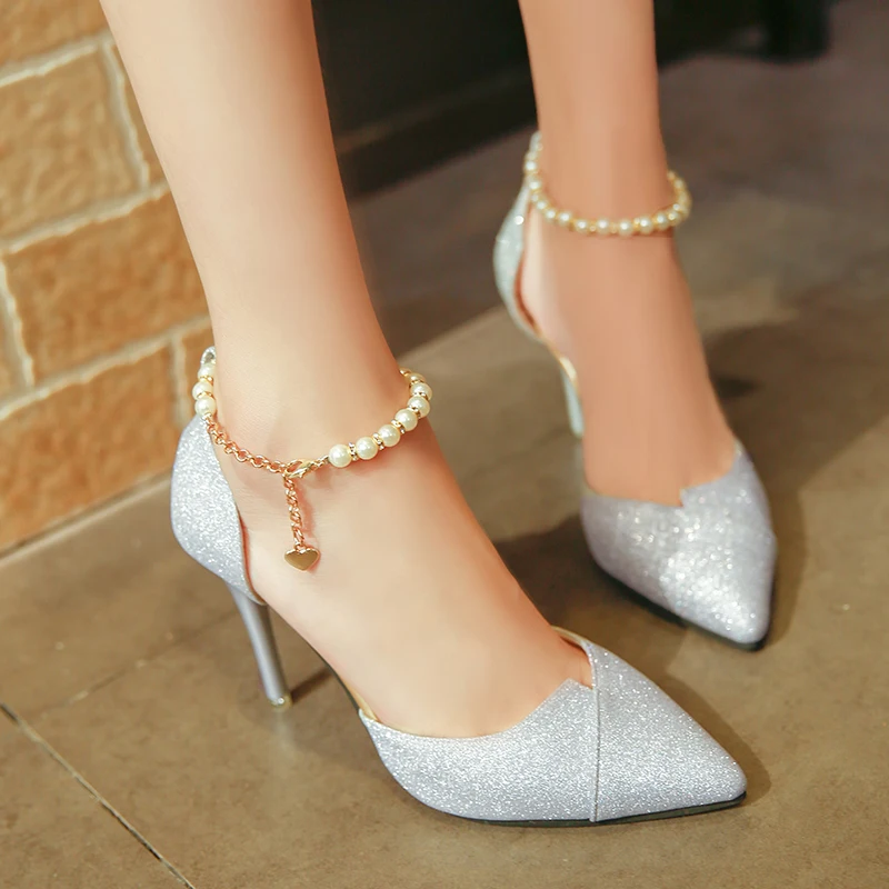 2018 women pumps pearl bead High Heels shoes sequined bling shoes 10CM party Shoes Woman sandals