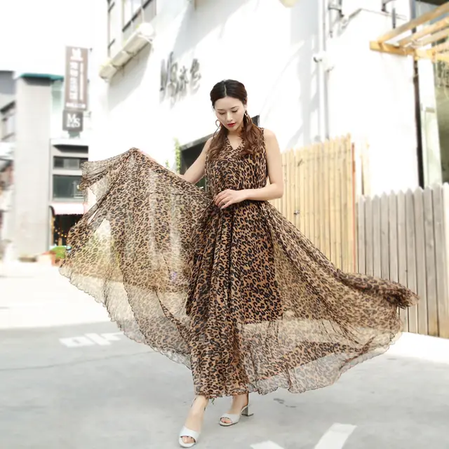 Sexy Leopard Print Chiffon Long Maxi Dress Free And Loose Beach