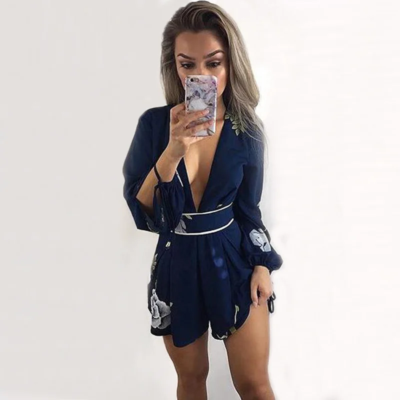 Women Jumpsuit Deep V Neck Sexy Backless Playsuit Print Lace Up Romper Long Sleeve 2019 Summer Casual Loose Ruffle Playsuit 2019 Women Jumpsuit Deep V Neck Sexy Backless Playsuit Print Lace Up Romper Long Sleeve 2019 Summer Casual Loose Ruffle Playsuit 2019
