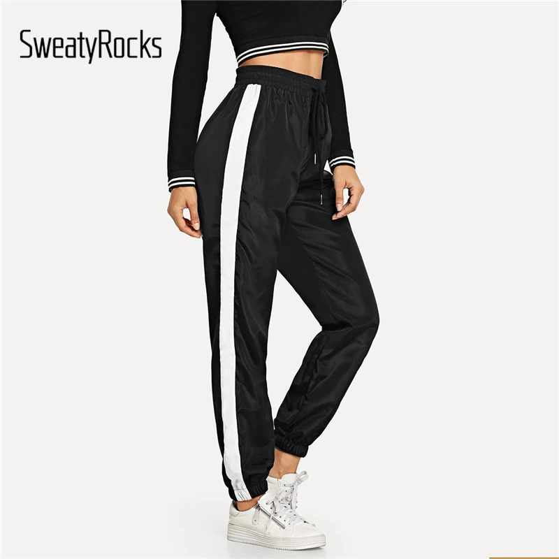SweatyRocks Black Drawstring Waist Contrast Tape Pants