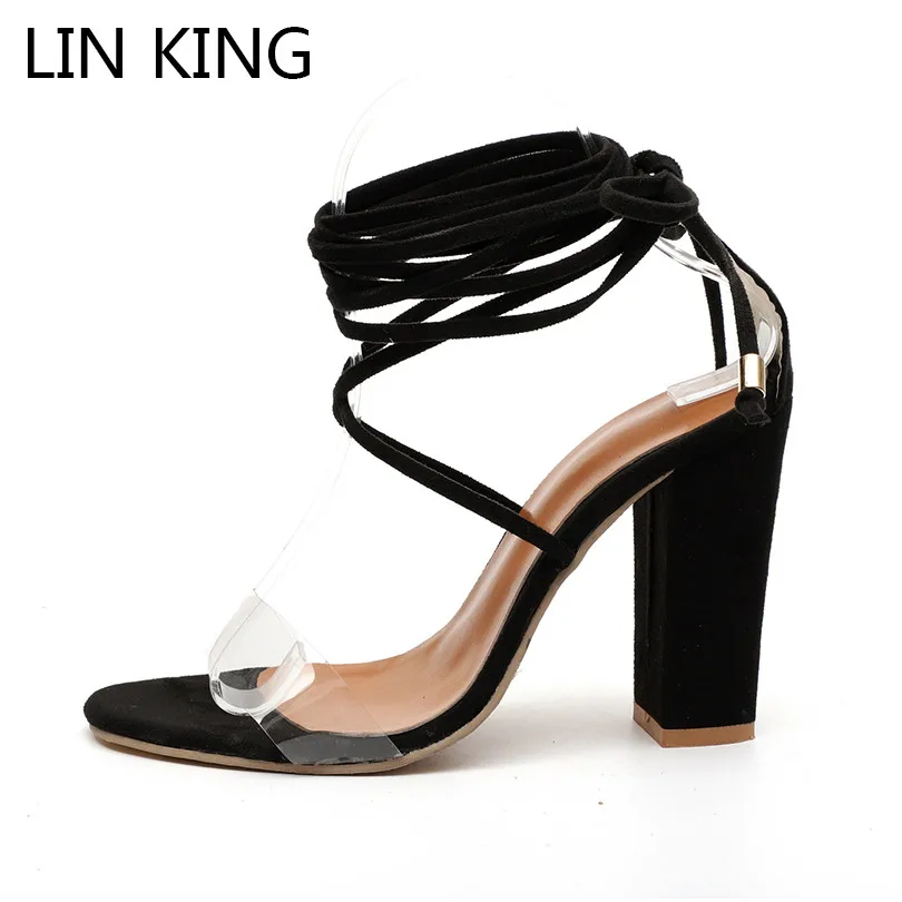 

LIN KING Rome Square Heel Lace Up Women Sandals Cross Tie Open Toe Summer Sandalias Sexy High Heel Nighe Party Pumps Big Size 43