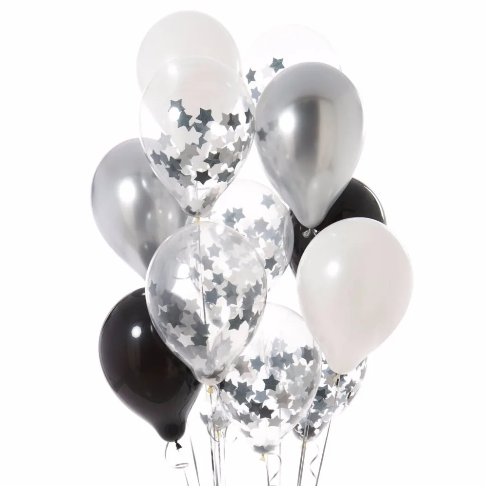 12pcs 12"Star Metallic Black silver confetti balloons Black White