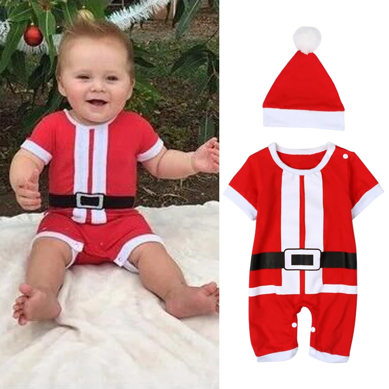 2 предмета для новорожденных для маленьких девочек и мальчиков одежда Санты комплект одежды для маленьких мальчиков и девочек: рождественский комбинезон+ рождественский колпак