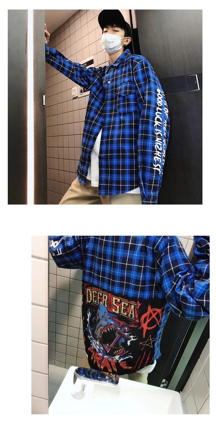 Клетчатая синяя рубашка с длинным рукавом для мужчин, цветочный принт, лето, японская Корейская уличная одежда, хип-хоп, фланелевые рубашки большого размера для мужчин