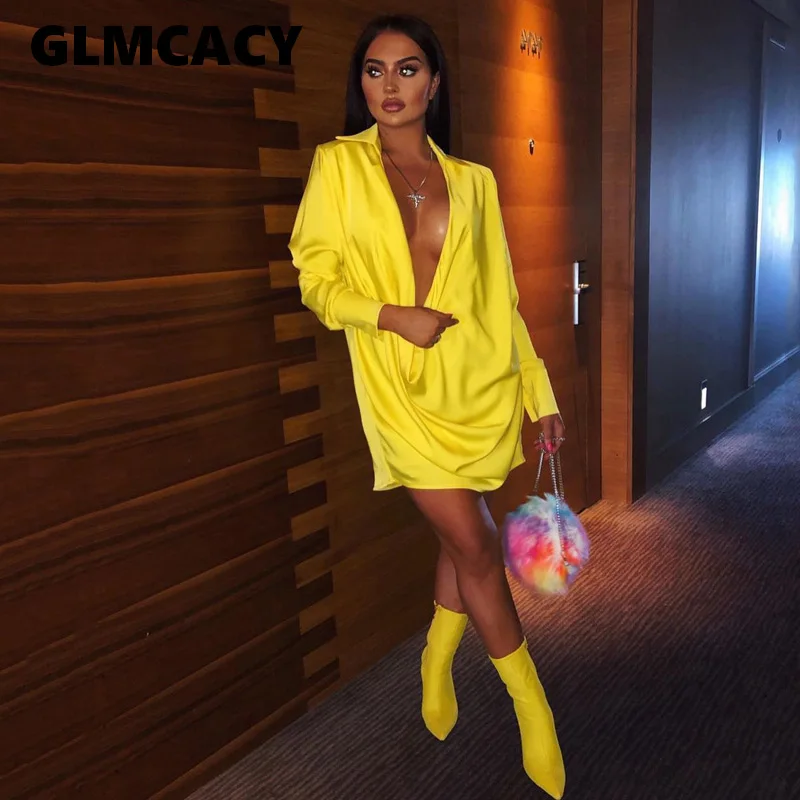 

Sexy Low Cut V Neck Dress Women Yellow Long Sleeve Elegant Night Club Party Loose Dress Vestidos