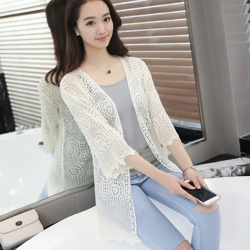 Enkofofo Cardigans New Spring Silk Cotton Knitted Women Loose three quarter Sleeve long Thin