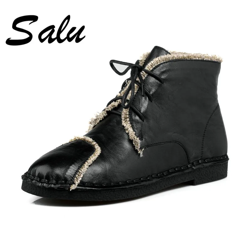 

Salu 2019 new spring and autumn genuine leather slip on snow boots flats fashion ankle boots shoes for woma plus size 9 11 12