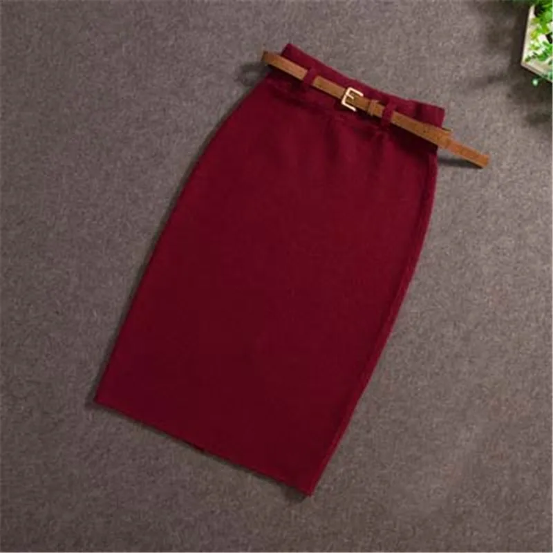 Женские миди юбки, вязанная однотонная женская юбка-карандаш, высокая талия с поясом, сексуальные женские юбки средней длины 2121 50