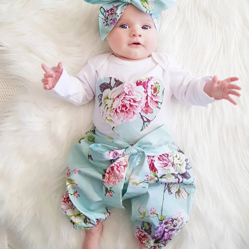 

Baby Girl Clothing Newborn Kids Baby Girls Tops Love Heart Romper + Floral Pants + Headband 3Pcs Outfits Set Clothes