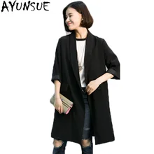 AYUNSUE Европейский Для женщин блейзер Черный Длинные свободные куртки для Для женщин офисные отложным воротником костюм женский Дамы Blazer LX495