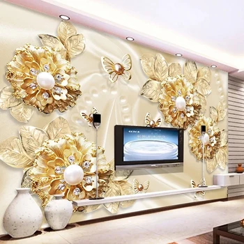 

Custom 3D Photo Wallpaper Murals 3D Golden Flowers Jewelry Waterproof Silk Cloth Mural Wall Paper For Living Room TV Background