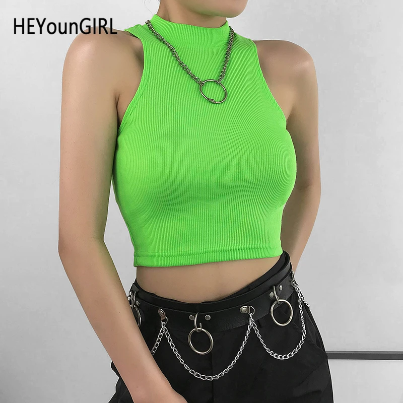 

HEYounGIRL Sleeveless Neon Green Crop Top Women Harajuku Casual Ladies Summer Tops Tees Solid High Street Croptop Korean Party
