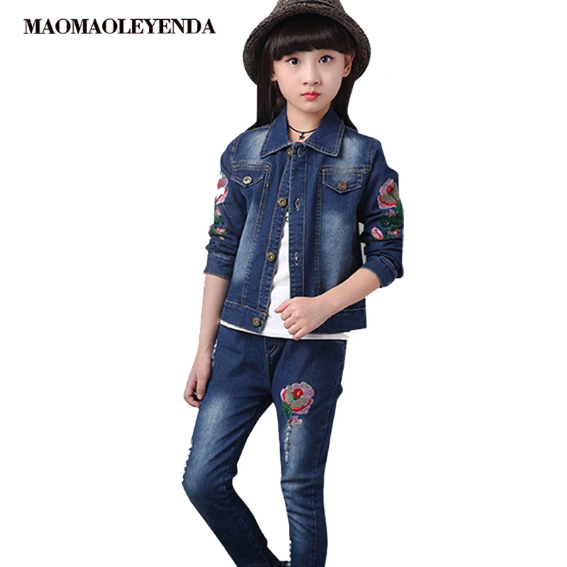 

Girls Autumn Clothes Denim Embroidery Jacket+Ripped Pants Spring Clothing For Kids Teenage Girls Clothing For 4 6 8 10 12 Years