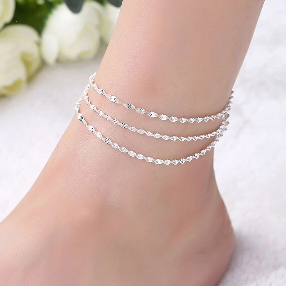 Minimalism Multilayer Silver Anklets Women Ankle Bracelets Female Foot Chain Blue Beads Charm