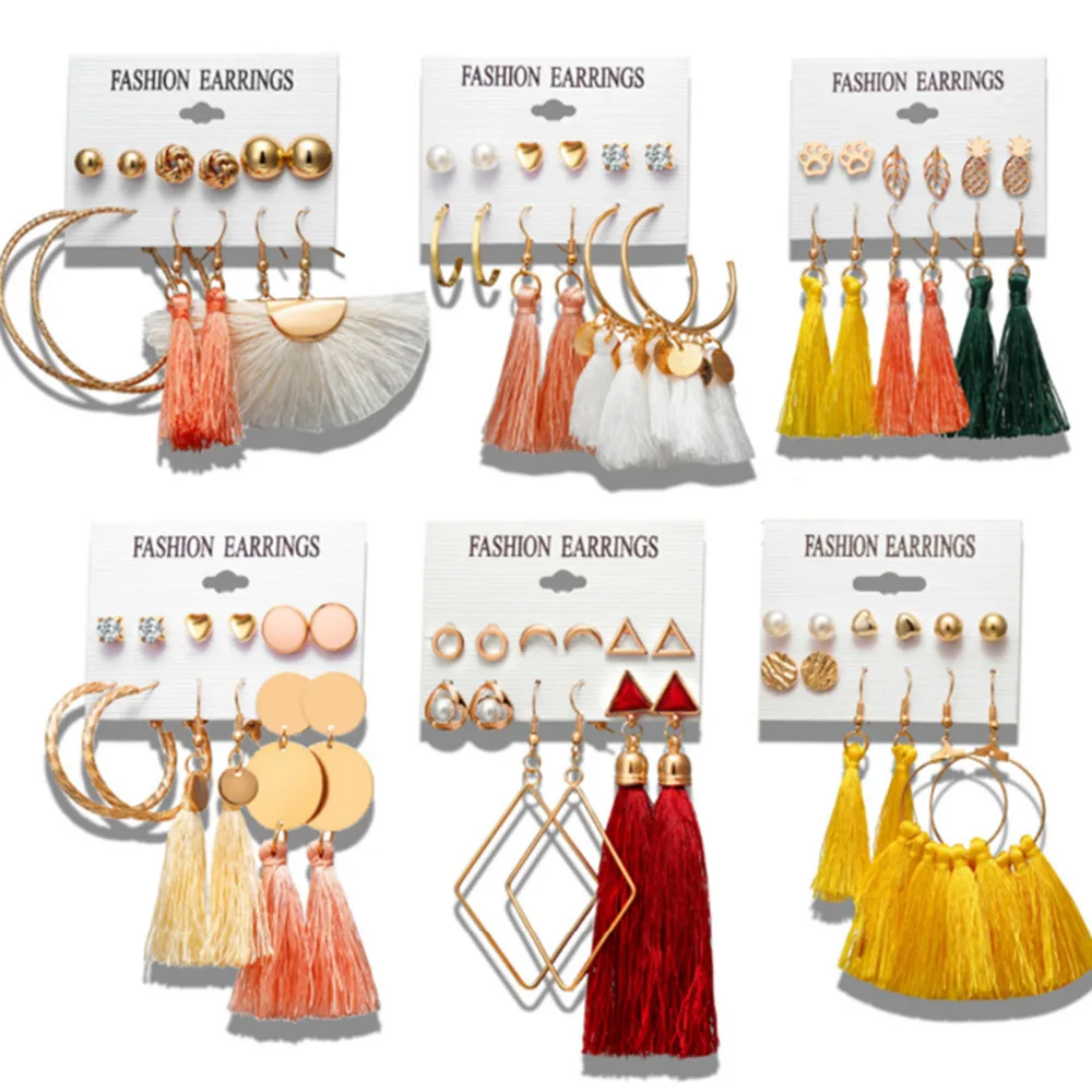 

6 pairs/set Fashion Bohemian Tassel Earrings Vintage Earrings For Women 2019 Jewelry Combination Suit Ear Studs