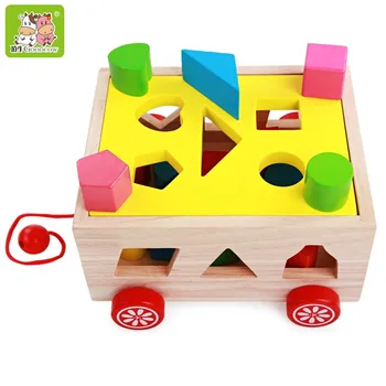

Wooden building blocks toy fifteen hole tractor intelligence box shape porous cognitive matching color building blocks