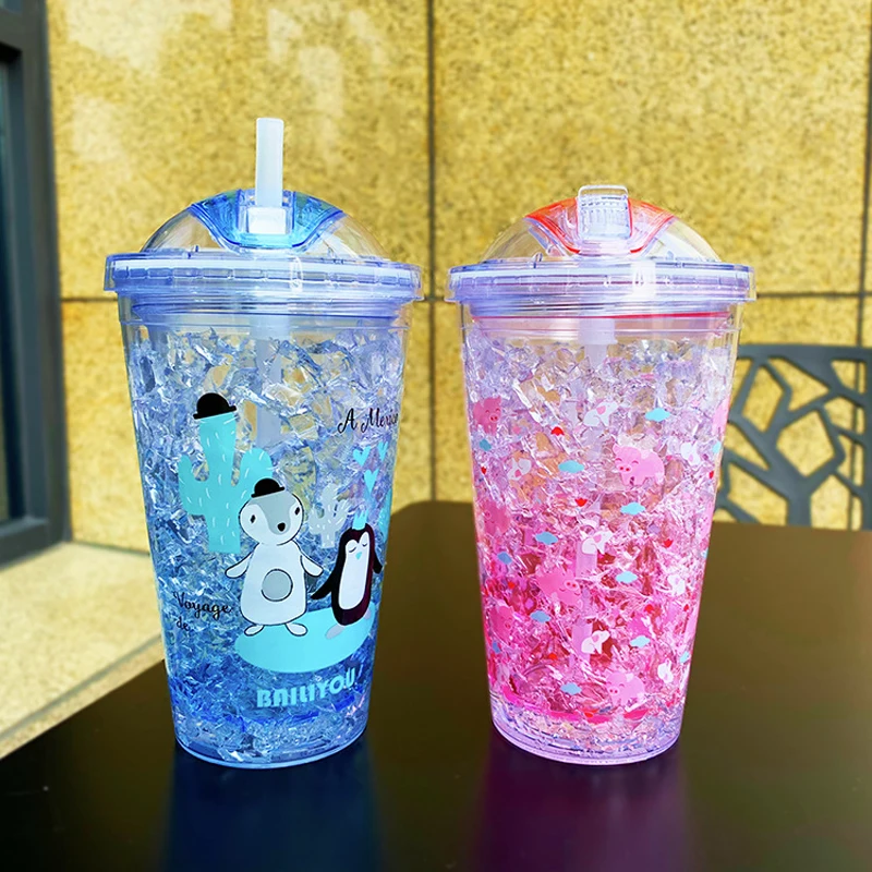 

GOODER Stylish double straw pig and penguin ice cup summer cold drink juice coffee water cup men's and girl's plastic cups