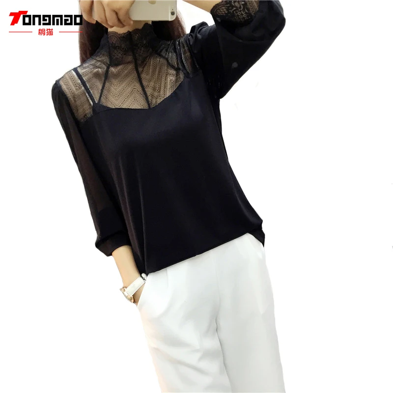 Casual Fashion Sexy High-necked Lace Stitching Bottoming Shirt 2016 Autumn Women