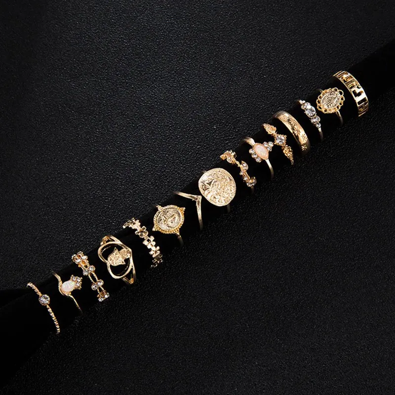 

Boho 15pcs/set Cross Fatima Hand Punk Ring Sets For Women Gold Color Geometric Hollow Pattern Flower Female Jewelry