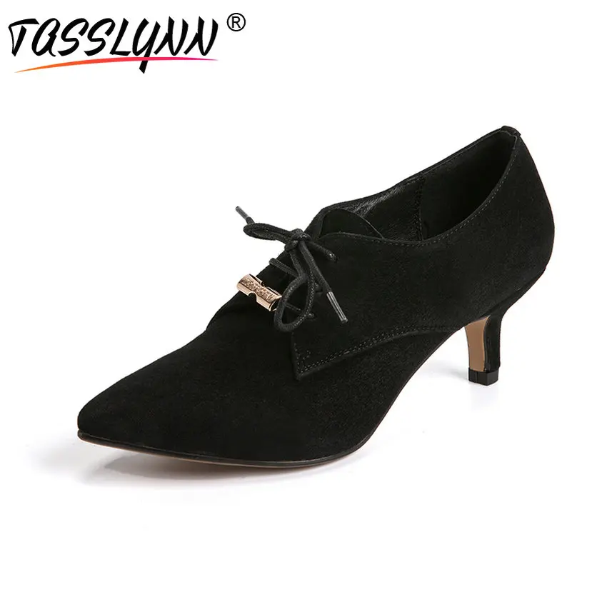 

TASSLYNN 2018 Women Pumps Lace Up Med Thin High Heels Sweet PumpsOL Lady Kid Suede Pointed Toe Casual Pink Shoes Size 34-39