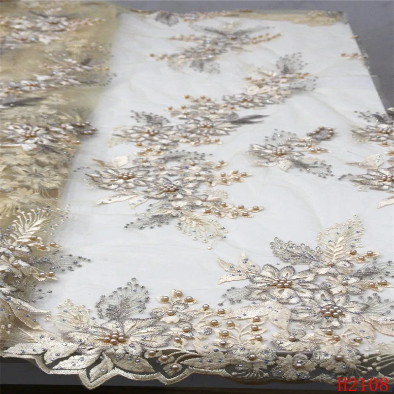 

Newest Gold Color African Lace Fabric Beaded Net Lace For Party Dress HX2108