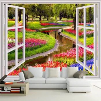 

Custom Large Mural Wallpaper 3D Stereoscopic False Window Green Flower Creek Living Room Sofa Bedroom Backdrop Mural Wallpaper