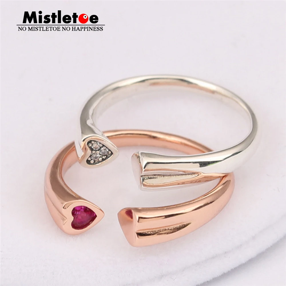 

100% 925 sterling Silver Two Hearts Ring, Mistletoe Rose & Red CZ Clear CZ Compatible with European Original Jewelry