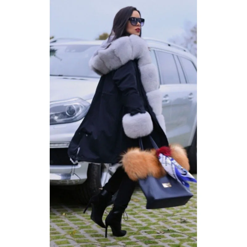 TOPFUR Winter Warm Fur Jacket Long Parkas Luxury Women Real Fur Parka Natural Fox Fur Collar And Cuff With Rabbit Fur Lining