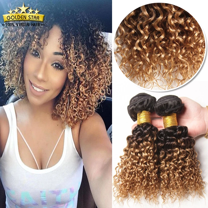 Short Indian Afro Kinky Curly Blonde Ombre Curly Indian Virgin Hair 4 