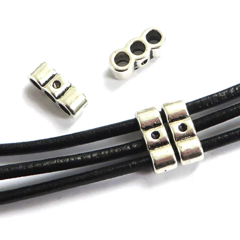 

10pcs Antique Silver Beads Slider 3Strands Separator Charms Spacers For 3mm Round Leather Cord Bracelet Jewelry Accessories
