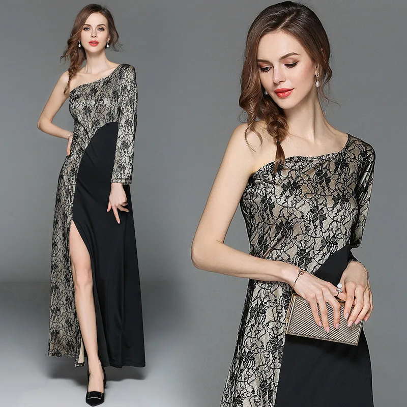 2018 spring summer new fashion sexy women lace dress shoulder sleeve bare shoulder slim female lace formal dress long dress