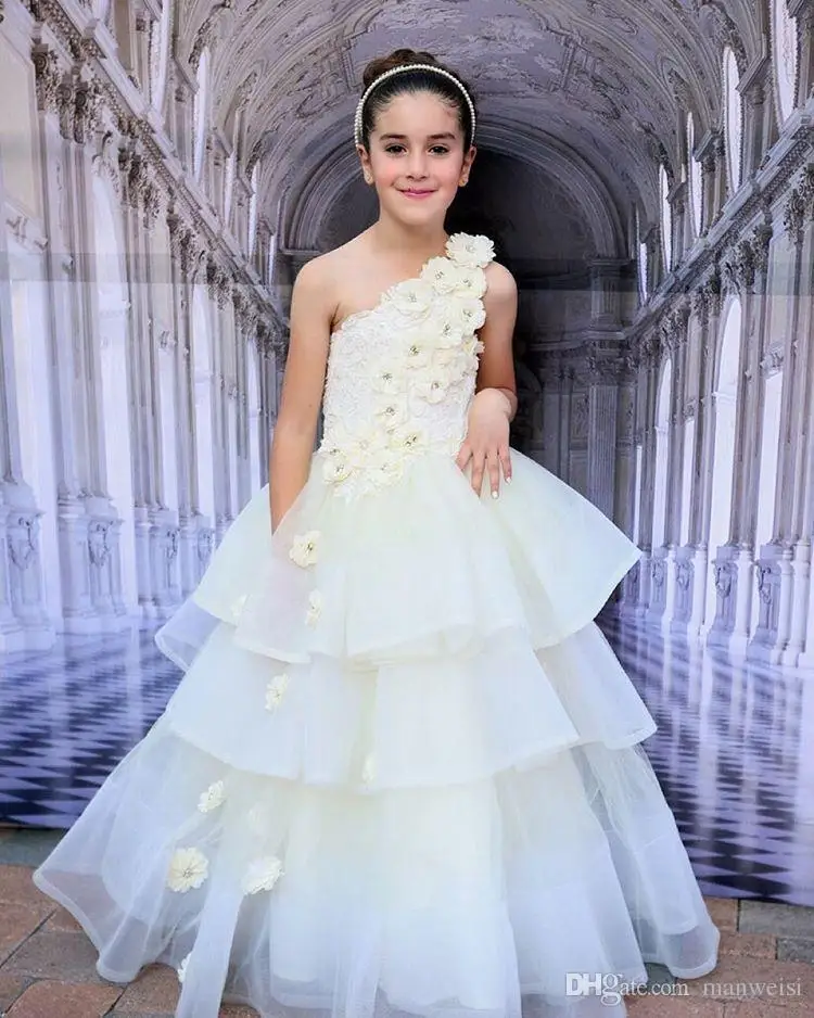 Кружевное свадебное платье с цветочным узором на одно плечо для девочек; длинное платье с кристаллами и многослойными оборками для маленьких девочек; Пышное Платье для причастия