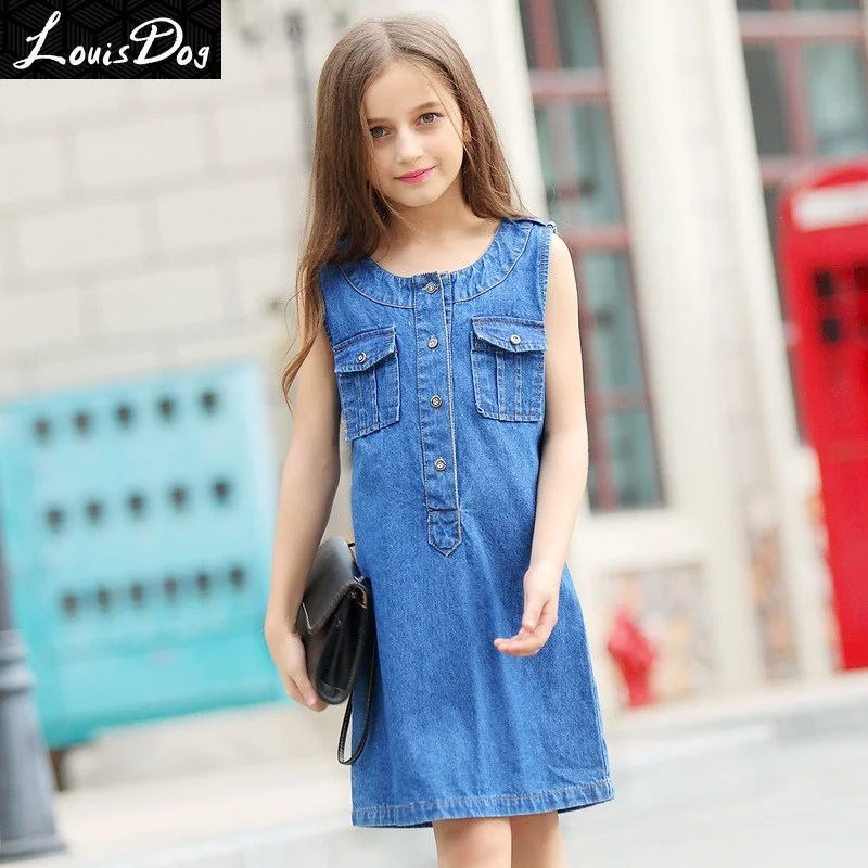 Girls pocket denim dress kids brand designer tank dress children's sleeveless jeans dresses size