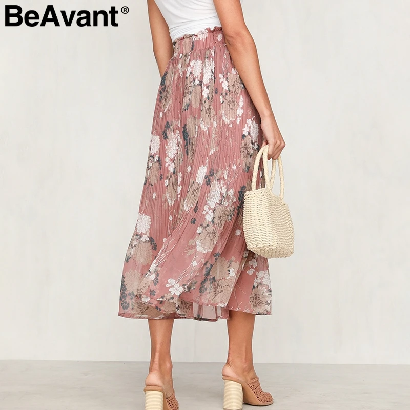 BeAvant, цветочный принт, высокая талия, длинная Плиссированная юбка, для женщин, для отдыха, для пляжа, шифон, летняя юбка, богемные, свободные, для девушек, юбки для женщин