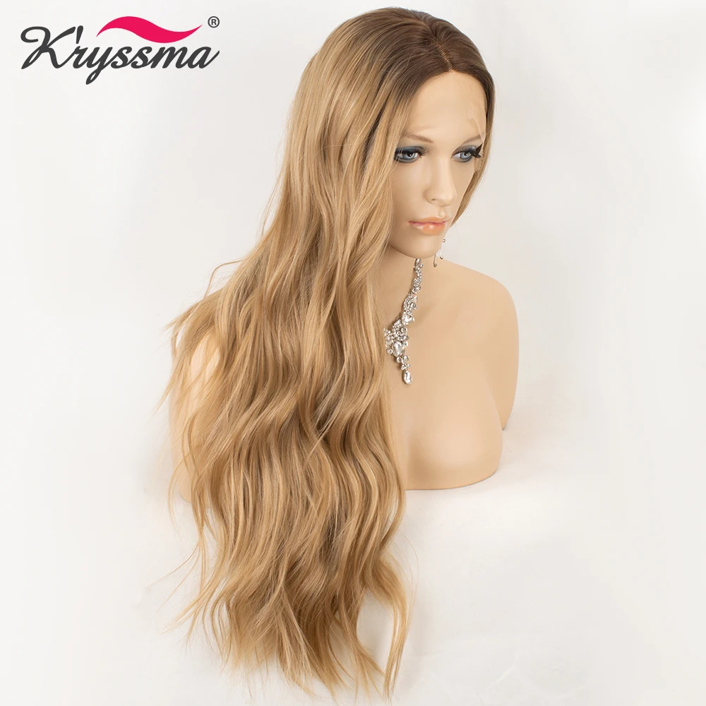 Блонд синтетический парик на кружеве длинные волнистые парики для женщин темные корни средняя часть натуральные волосы смешанные цвета 150 плотность Тепло ОК