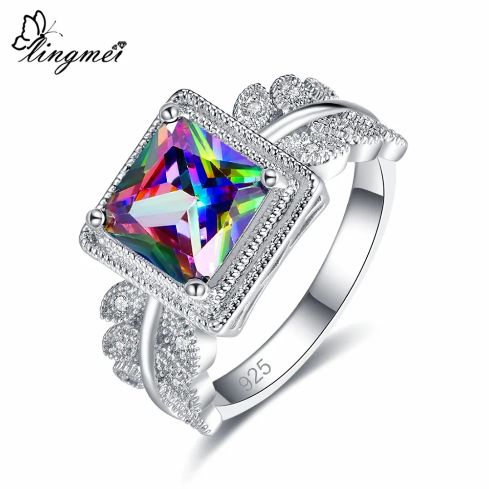 

lingmei Wholesale Dazzling Dropshipping Princess Cut Blue & White & Multicolor Cubic Zircon Silver Ring Size 6 7 8 9 New Comes