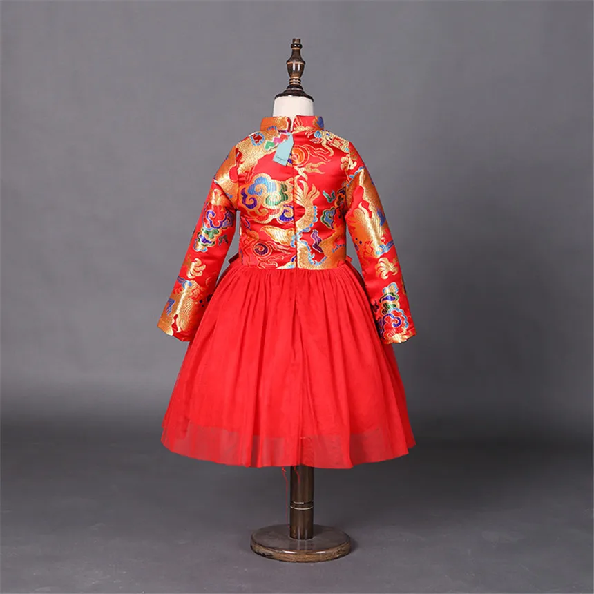Новогодние платья с бантом для маленьких девочек детское платье в китайском стиле для девочек, красное платье Ципао, торжественное платье с принтом дракона От 2 до 7 лет