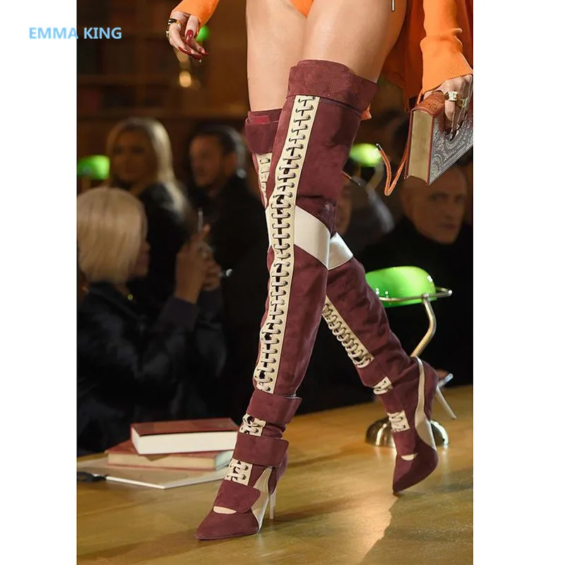 Новое поступление, синие лоскутные высокие сапоги до бедра женские сапоги на шнуровке с острым носком на высоком каблуке пикантные женские ботфорты Largas - Цвет: as shown in picture