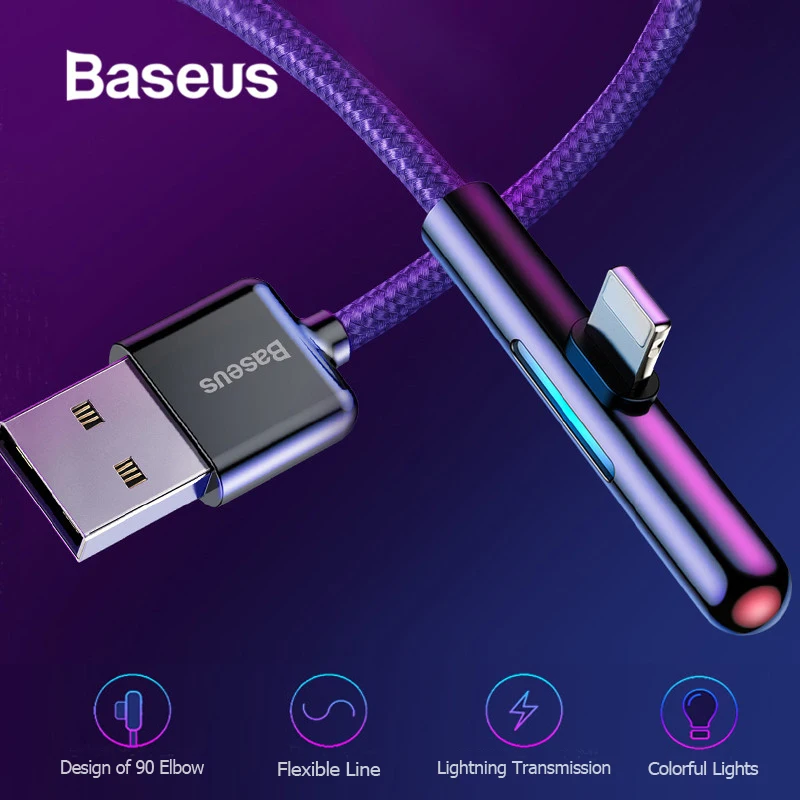 Baseus كابل يو اس بي ل فون Xs XR Xs ماكس 90 درجة المحمول لعبة كابل الإضاءة سريع شحن شاحن آيفون X 8 7 6