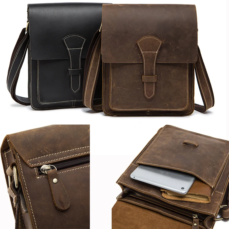Crazy Horse Leather Men Bag Male Small Shoulder Messenger Bags Crossbody Bags Messenger Bag Men Leather 1093 Black