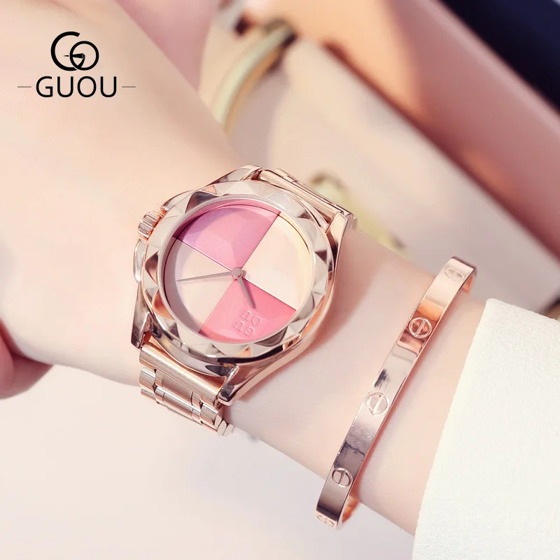 

GUOU Water Proof Women Watch Luxury Rose Gold Case Big Face Dial Steel Strap Ladies Quartz Wristwatches for Girl Female Clock